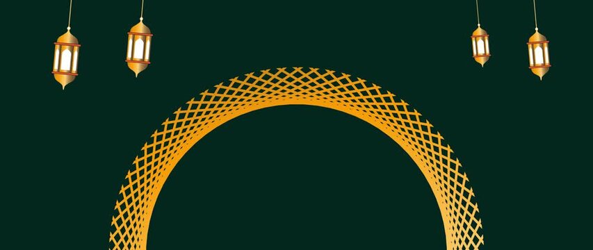 Elegant Islamic background featuring hanging golden lanterns and decorative geometric arch pattern on a dark green backdrop. Perfect for Ramadan, Eid Mubarak greeting cards, religious banners, and fes