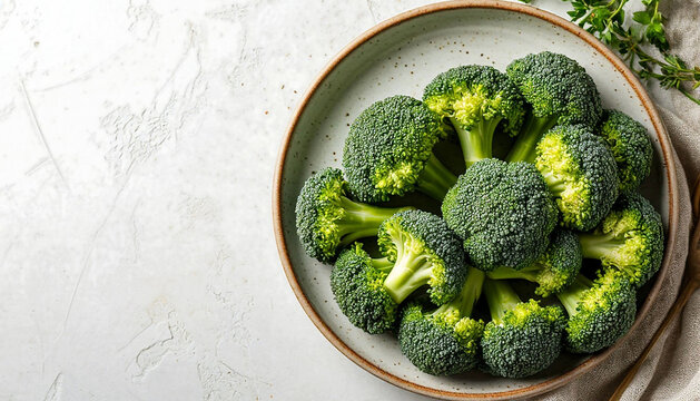 Fresh green broccoli florets in a ceramic bowl on a white textured background. Top view flat lay with copy space. Healthy organic raw vegetable food concept.