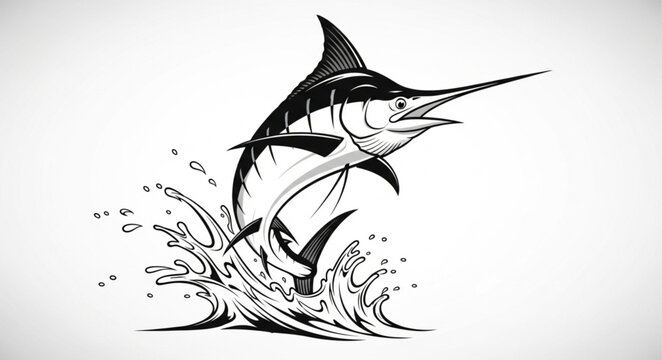 Striking illustration of a marlin leaping from the ocean water with powerful energy.