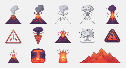 Volcano Icons Erupting Lava and Ash.
