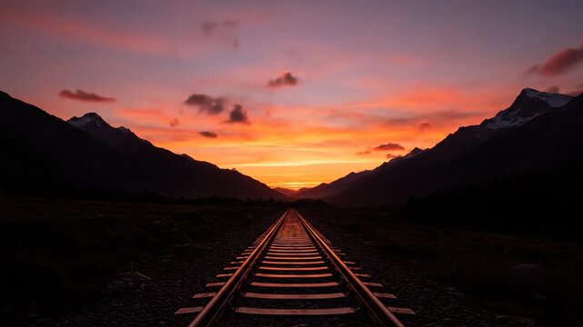 Train tracks disappear into the setting sun between mountain peaks