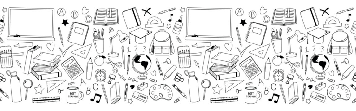 Back to School theme seamless border with doodle school supplies, stationary. Isolated on white background.