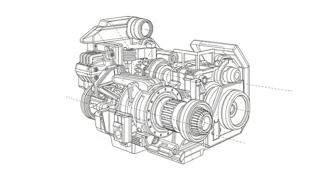 Detailed mechanical engine illustration showcasing intricate internal components and design.
