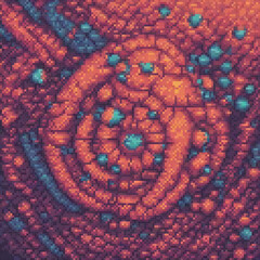A pixel art image of a spiral galaxy with orange and blue swirls, and a mix of blue and green dots.