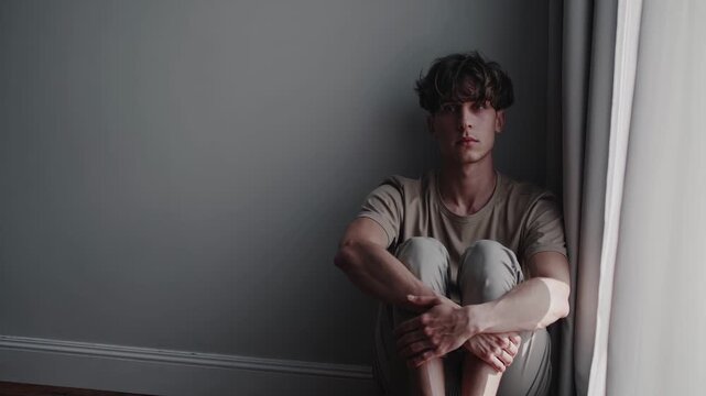 Sitting on floor hugging knees man near curtain in dim room young portrait showing solitude and introspective mood moody lighting emphasizing contemplation and loneliness minimal interior vibe