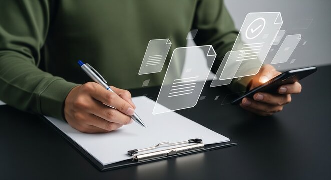 Digital Document Management and Approval Process: Person Using Smartphone and Pen on Clipboard with Holographic Interface, Modern Business Workflow Mockup