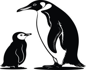 Adult emperor penguin and small chick silhouettes, arctic flightless birds standing together in natural wildlife scene © MdSayed