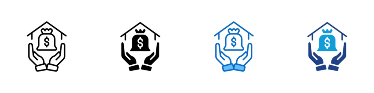 Asset Protection Multiple Style Icon Design Vector - Hands holding money bag under roof representing asset protection, financial security, and wealth safeguarding