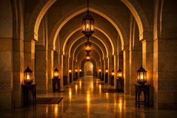 Obraz premium Golden Arched Hallway with Ornate Lanterns and Reflections