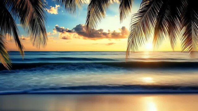 Serene Sunset Over Calm Ocean Waves with Silhouetted Palm Fronds at Tropical Beach