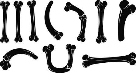 Black vector silhouette set of various human or animal bones in different shapes and curves for medical anatomy skeleton halloween and forensic science branding