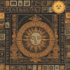 Naklejka premium The image features a sun with a smiling face, surrounded by various symbols and a detailed background.