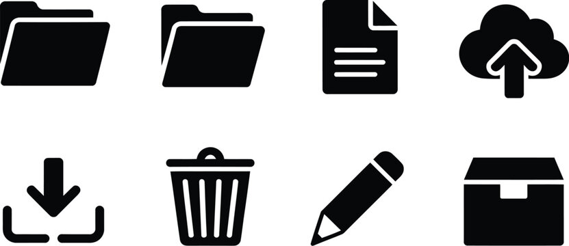 file management icon set featuring folder document cloud upload download trash bin pencil and box symbols for digital productivity interface.