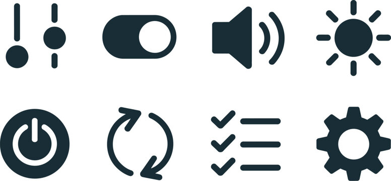 system settings icon set featuring volume brightness power toggle switch refresh checklist gear and slider symbols for digital interface design.