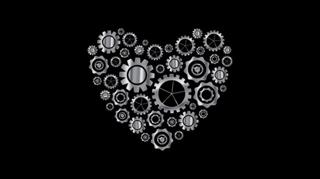 Rotating Silver Gears Forming a Heart Shape on Black Background