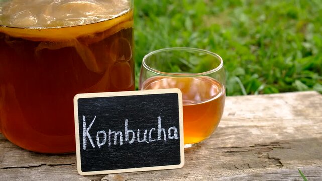Kombucha in a jar at home. Selective focus.
