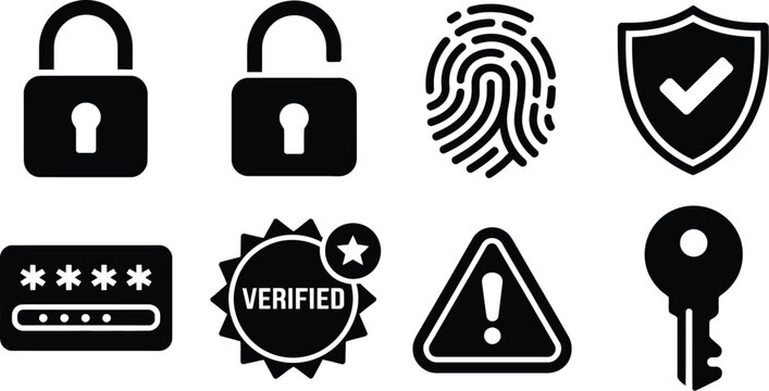 security icon set including padlocks fingerprint shield password verified badge warning sign and key symbols isolated on white background.