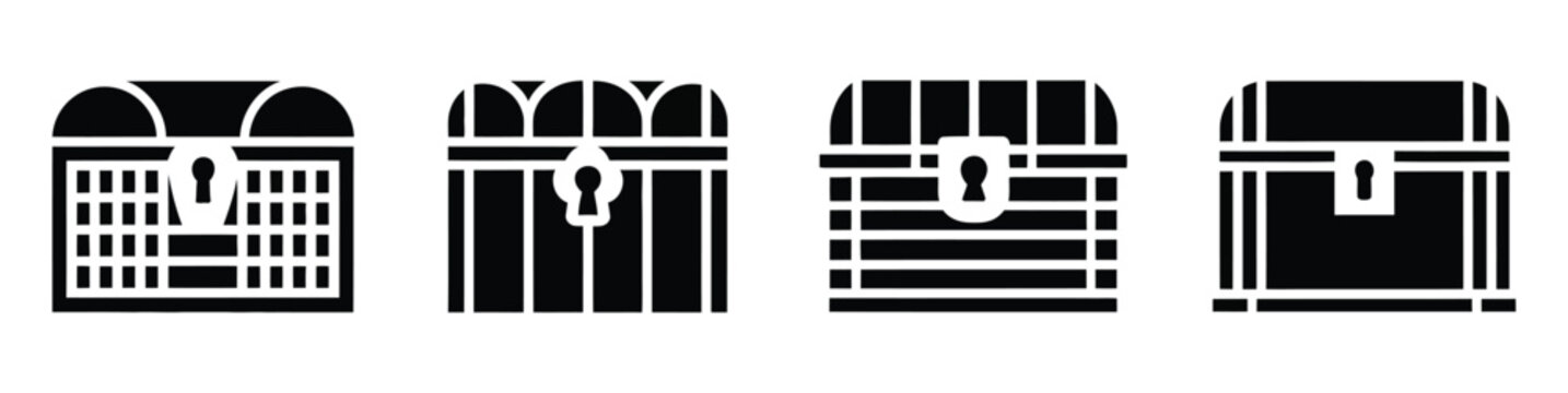 Set of four black treasure chest icons, each featuring unique decorative patterns, isolated on white, symbolisation treasure, riches, adventure, and collectable items in modern flat vector style.