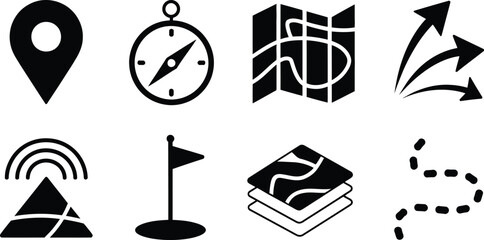 navigation and mapping icon set featuring location pin compass paper map arrows and flag symbols for travel and GPS. © Sara