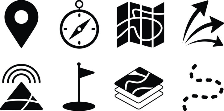 navigation and mapping icon set featuring location pin compass paper map arrows and flag symbols for travel and GPS.