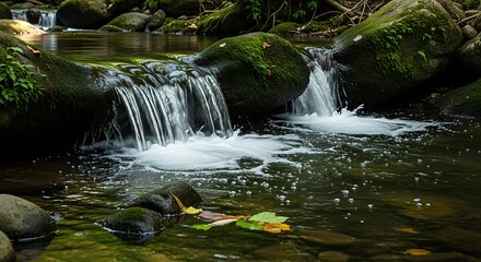 Gentle cascade flows over mossy rocks in a serene forest stream.