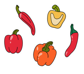 Bulgarian and chili peppers set, vegetable icons. Red, orange, and yellow peppers for menu, kitchen decor, cafe and restaurant decoration