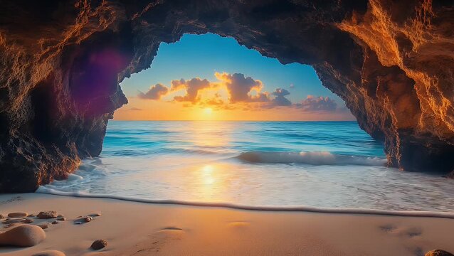 Stunning Sunset Over Ocean View Through Cave Opening On Serene Beach