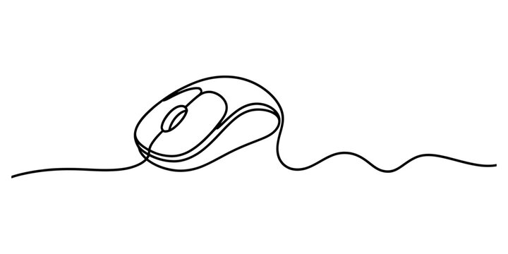 Minimalist single line art illustration of a computer mouse for technology concepts.