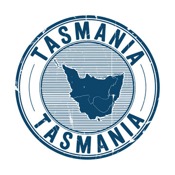 Tasmania map stamp with distressed texture and circular border design