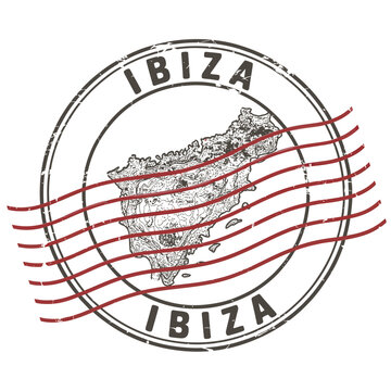 Vintage style stamp featuring a map of ibiza spain with red lines