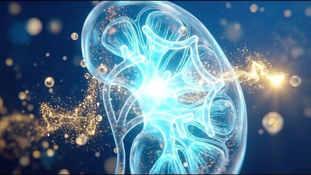 Abstract human kidney visualization with glowing energy, suitable for medical presentations, science education, healthcare advertising, and technology concepts.