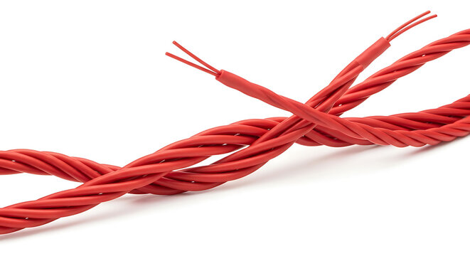 Group of Flexible Red Insulated Copper Wires with Detailed Texture on a Plain White Background Perfect for Industrial Electrical Design Engineering and Power Distribution Components Macro Shot