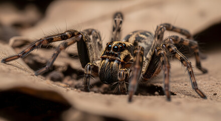 Macro close-up of a Wolf Spider on dry autumn leaves with sharp focus on eyes.