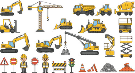 Construction Heavy Equipment Vector Set with Excavator, Crane, Bulldozer, Dump Truck, Cement Mixer, Forklift, Road Signs, and Builder Characters © MdShakil