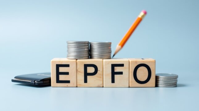 Employee Provident Fund Concept: Coins Stacked on Wooden Blocks Depicting Financial Growth and Investment 

