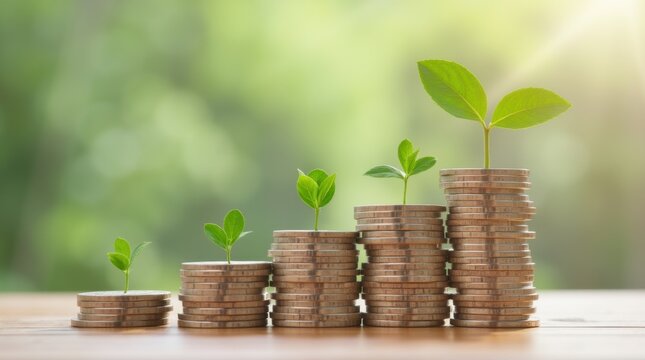Employee Provident Fund Concept: Coins Stacked on Wooden Blocks Depicting Financial Growth and Investment 
