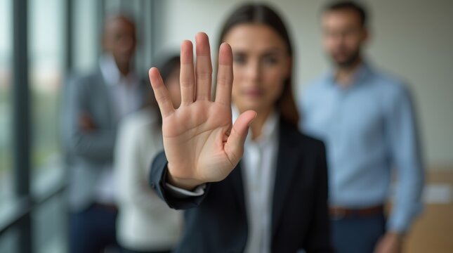 Stop, hand sign and woman in business suit with no gesture for sexual harassment and violence in office workplace 
