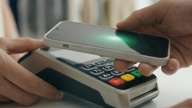Customer using contactless NFC mobile payment smartphone tap-to-pay on POS terminal card reader machine for secure wireless cashless transaction in retail store showing modern digital wallet 