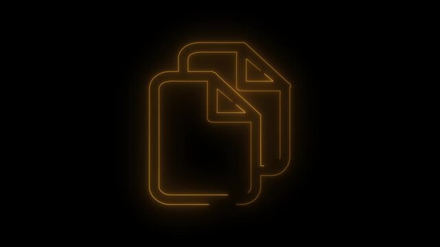 Glowing neon document copy icon animation on dark background, futuristic digital file transfer, data duplication concept, modern UI technology motion graphic loop for business, app, cloud and workflow