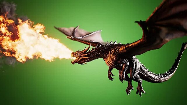 Fire breathing dragon flying on green screen background, realistic fantasy creature with wings and flames, cinematic 3D render on chroma key backdrop