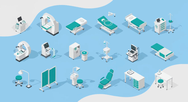 Isometric Hospital Room Furniture and Medical Equipment.