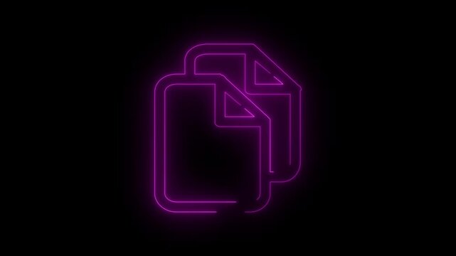 Glowing neon document copy icon animation on dark background, futuristic digital file transfer, data duplication concept, modern UI technology motion graphic loop for business, app, cloud and workflow