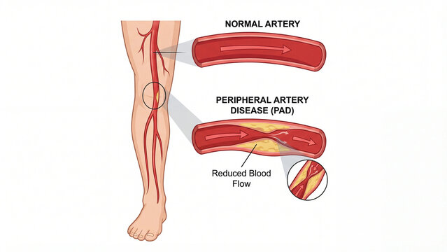 Normal Artery versus Peripheral Artery Disease PAD reduced blood flow medical education infographic showing leg artery blockage plaque buildup and vascular circulation comparison