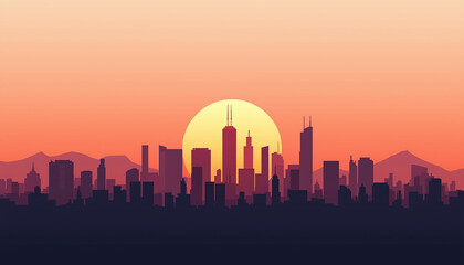 Obraz premium Modern minimalist city skyline at golden hour, vector art style, clean geometric buildings silhouettes, warm sunset gradient from peach to deep purple, architectural line art details, urban landscape,