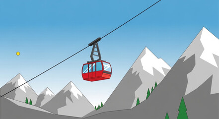 Red cable car ascending snowy mountain range under clear blue sky. © Usman