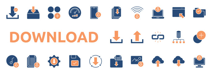 download icon two color style with file, wifi, laptop, folder check, upload, link, database network icons