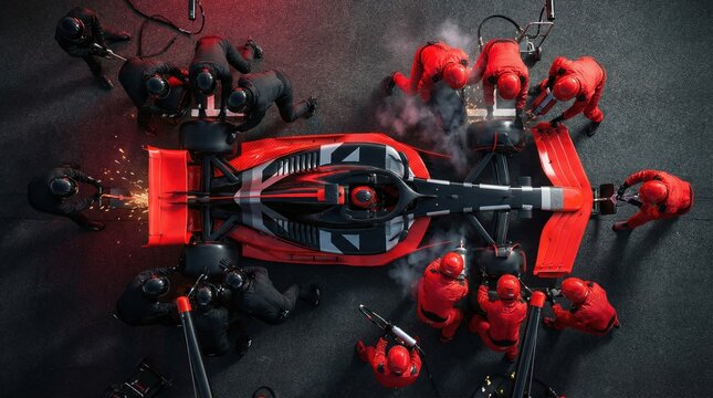 Birds eye perspective red and black formula race car in intense pit lane. Concept of high pressure motorsport operations, technical precision, race day teamwork and performance strategy.
