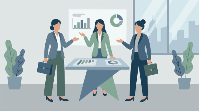 Three businesswomen discussing data and strategy in a modern office meeting