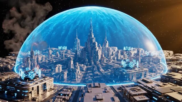 A dramatic science fiction cityscape with a burning skyscraper under a starry sky, conveying chaos and futuristic destruction.