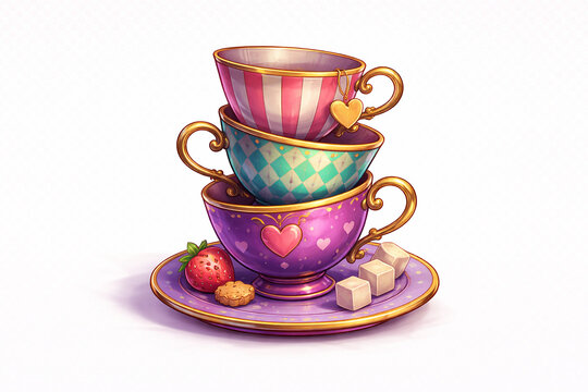 Whimsical stack of teacups with strawberry and sugar cubes on a saucer